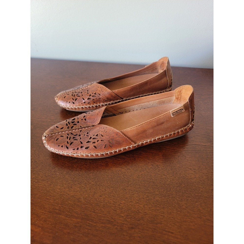 Pikolinos Jerez Tan Leather Laser Cut Loafers Flats Womens 38 Driving Moccasin